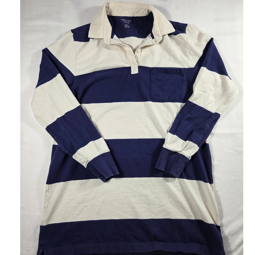 American Eagle Mens Navy Blue White Striped Long Sleeve Rugby Shirt Large Pocket
